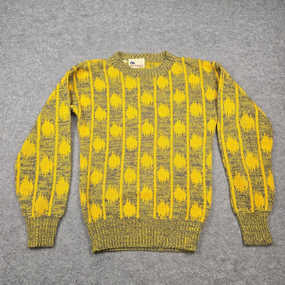 Vintage Hush Puppies Sweater Mens Small Yellow Gray Geometric Knit Crewneck 80s